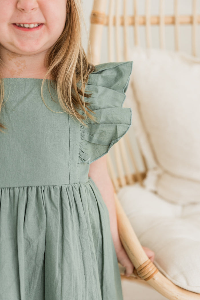 Sage Green Solid Color Ruffled Racer Back Gathered Dress Dress Yo Baby India