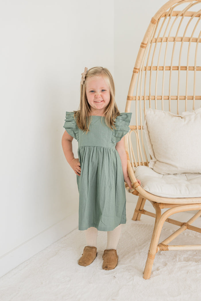 Sage Green Solid Color Ruffled Racer Back Gathered Dress Dress Yo Baby India
