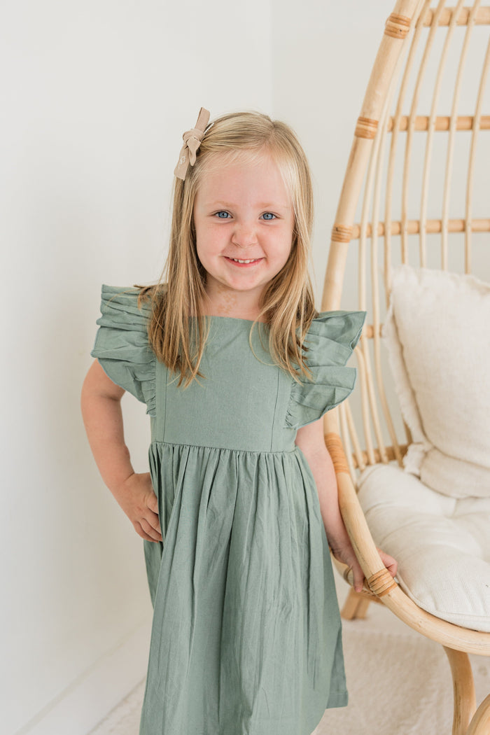 Sage Green Solid Color Ruffled Racer Back Gathered Dress Dress Yo Baby India