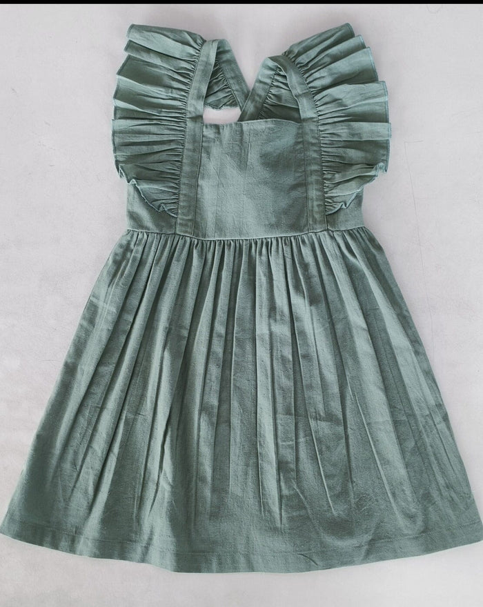 Sage Green Solid Color Ruffled Racer Back Gathered Dress Dress Yo Baby India