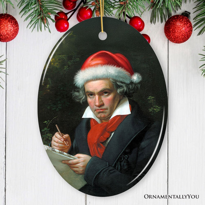 Santa Beethoven Christmas Ornament, Composer Holiday Gift for Classical Musicians Ceramic Ornament OrnamentallyYou Oval