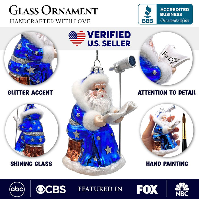 Santa the Astronomer Glass Christmas Ornament, Science and Astronomy Themed Holiday Gift Glass Ornament OrnamentallyYou