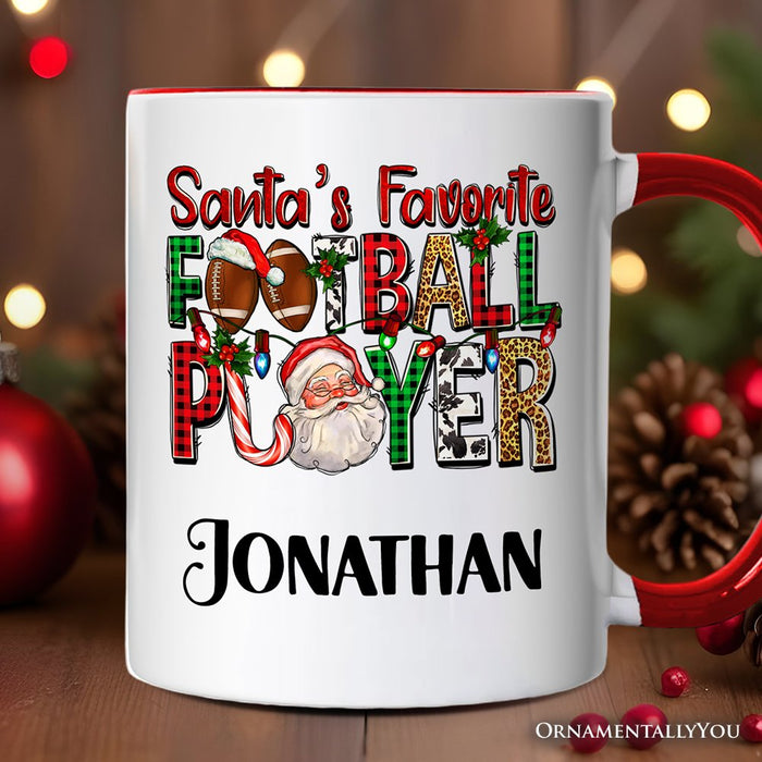 Santa’s Favorite Football Player Personalized Mug, Plaid Christmas Athelete Gift with Custom Name Personalized Ceramic Mug OrnamentallyYou White - Red Customized