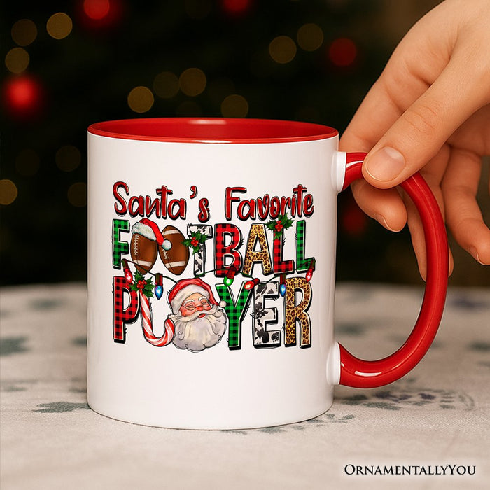 Santa’s Favorite Football Player Personalized Mug, Plaid Christmas Athelete Gift with Custom Name Personalized Ceramic Mug OrnamentallyYou