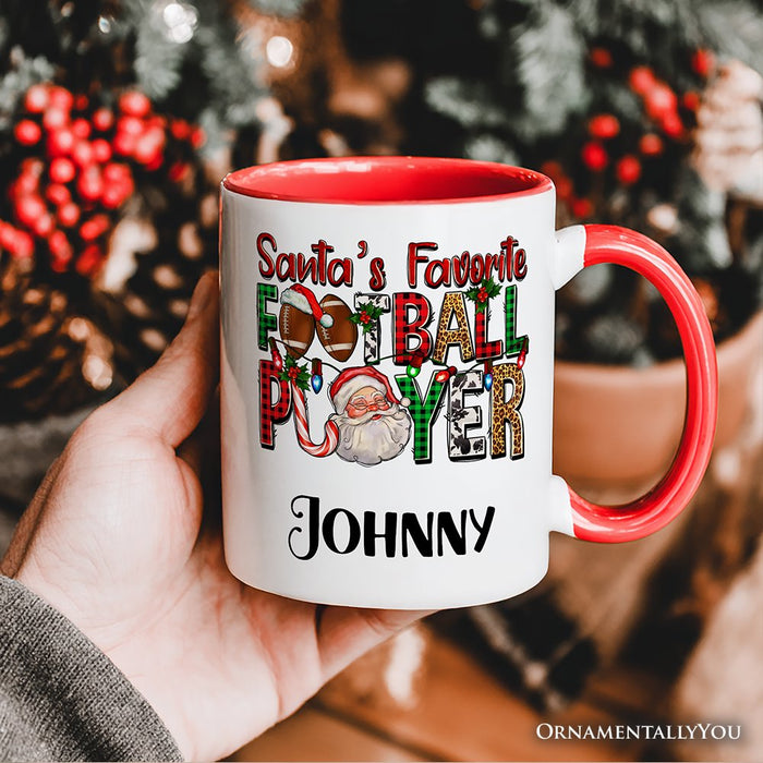 Santa’s Favorite Football Player Personalized Mug, Plaid Christmas Athelete Gift with Custom Name Personalized Ceramic Mug OrnamentallyYou
