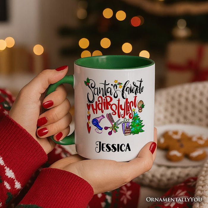 Santa’s Favorite Hairstylist Christmas Personalized Mug, Hairdresser Appreciation Gift with Custom Name Personalized Ceramic Mug OrnamentallyYou