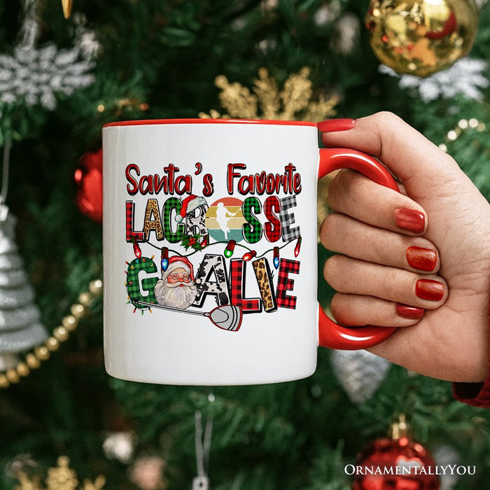 Santa’s Favorite Lacrosse Goalie Personalized Mug, Plaid Christmas Athelete Gift with Custom Name Personalized Ceramic Mug OrnamentallyYou