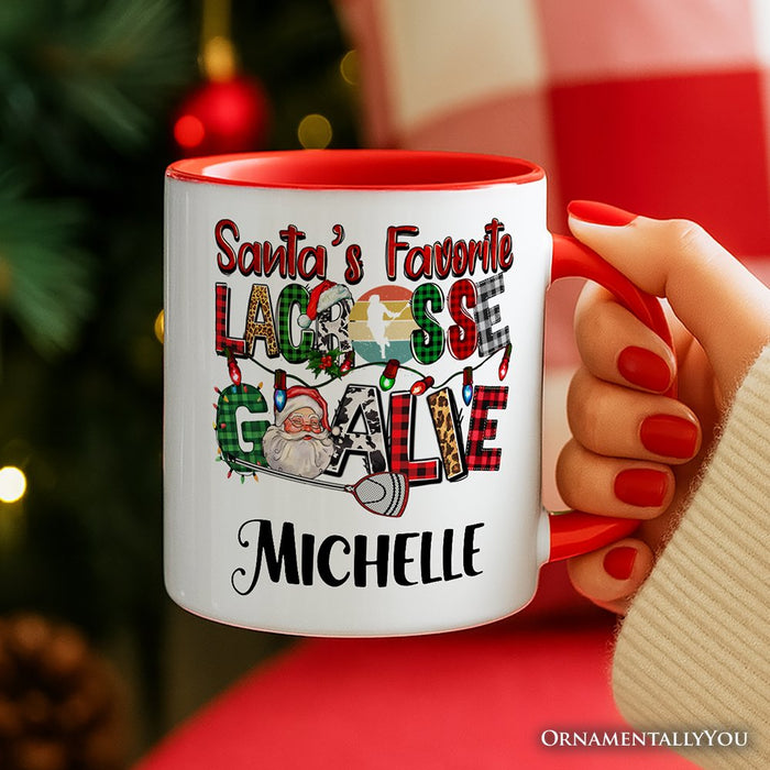 Santa’s Favorite Lacrosse Goalie Personalized Mug, Plaid Christmas Athelete Gift with Custom Name Personalized Ceramic Mug OrnamentallyYou