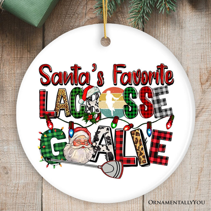 Santa's Favorite Lacrosse Goalie Plaid Ornament, Sports Christmas Gift Ceramic Ornament OrnamentallyYou Circle