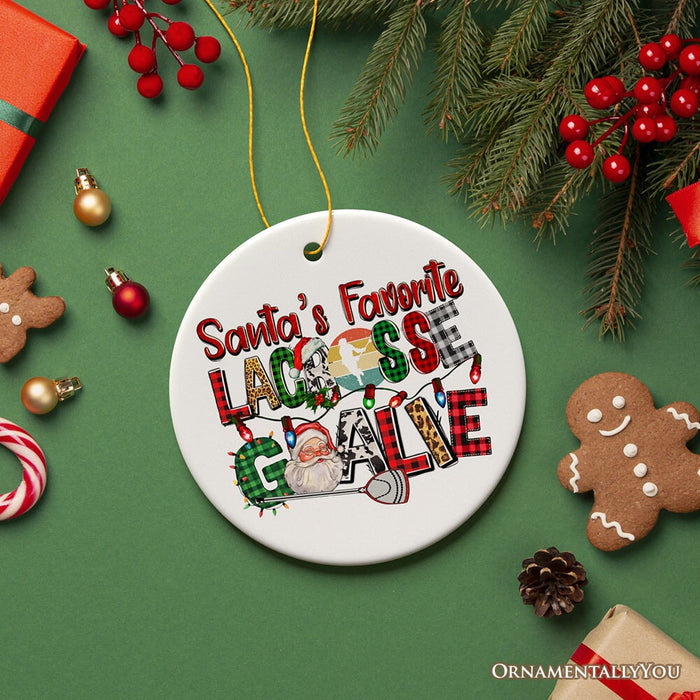 Santa's Favorite Lacrosse Goalie Plaid Ornament, Sports Christmas Gift Ceramic Ornament OrnamentallyYou