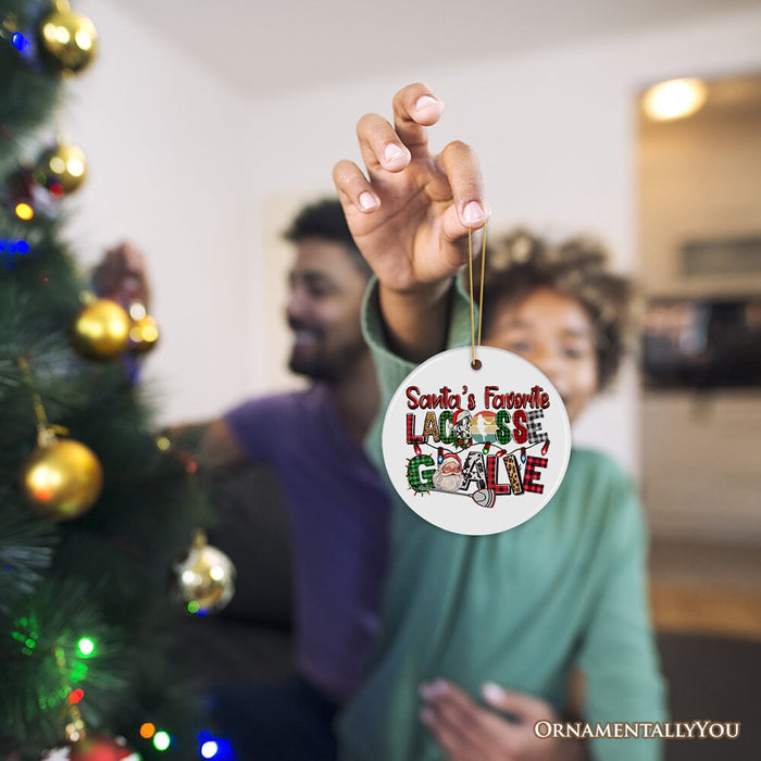 Santa's Favorite Lacrosse Goalie Plaid Ornament, Sports Christmas Gift Ceramic Ornament OrnamentallyYou