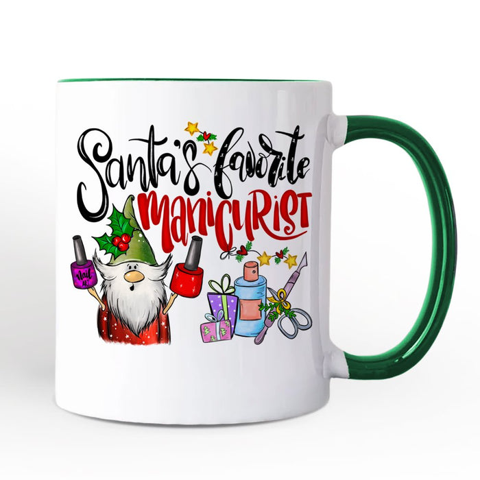 Santa's Favorite Manicurist Nail Art Personalized Mug, Beauty Artist Appreciation Gift with Custom Name Personalized Ceramic Mug OrnamentallyYou White - Green Non-Custom