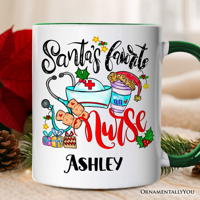 Santa’s Favorite Nurse Christmas Personalized Mug, Healthcare Appreciation Gift with Custom Name Personalized Ceramic Mug OrnamentallyYou White - Green Customized