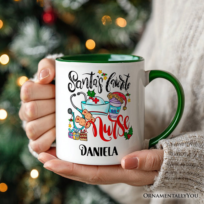 Santa’s Favorite Nurse Christmas Personalized Mug, Healthcare Appreciation Gift with Custom Name Personalized Ceramic Mug OrnamentallyYou