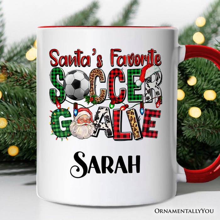Santa’s Favorite Soccer Goalie Personalized Mug, Plaid Christmas Football Gift with Custom Name Personalized Ceramic Mug OrnamentallyYou White - Red Customized