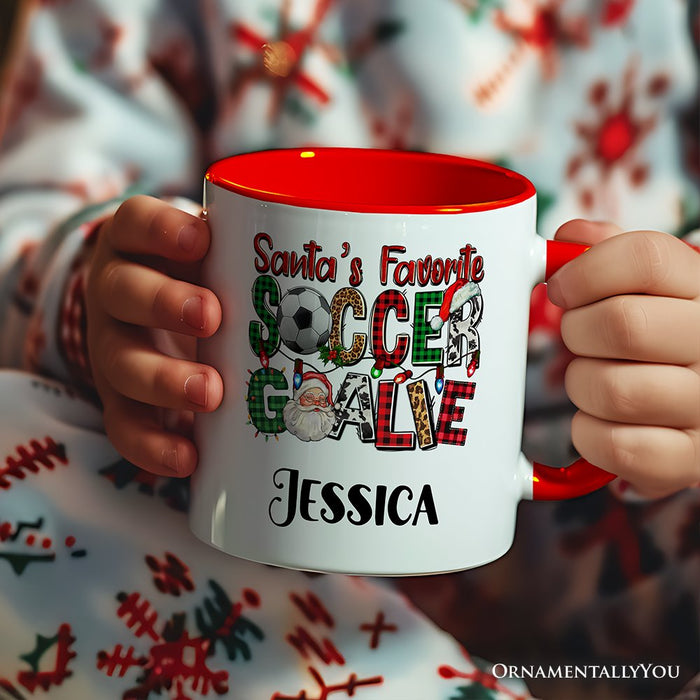 Santa’s Favorite Soccer Goalie Personalized Mug, Plaid Christmas Football Gift with Custom Name Personalized Ceramic Mug OrnamentallyYou