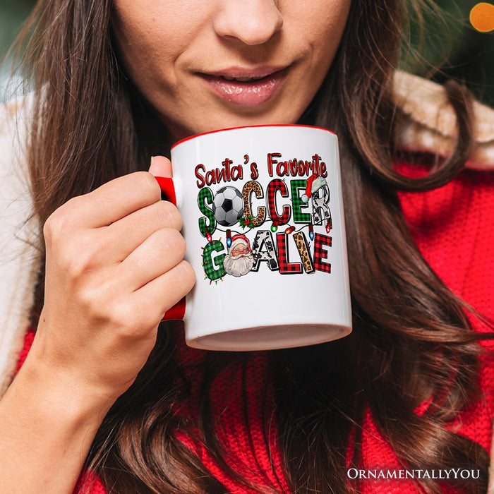 Santa’s Favorite Soccer Goalie Personalized Mug, Plaid Christmas Football Gift with Custom Name Personalized Ceramic Mug OrnamentallyYou
