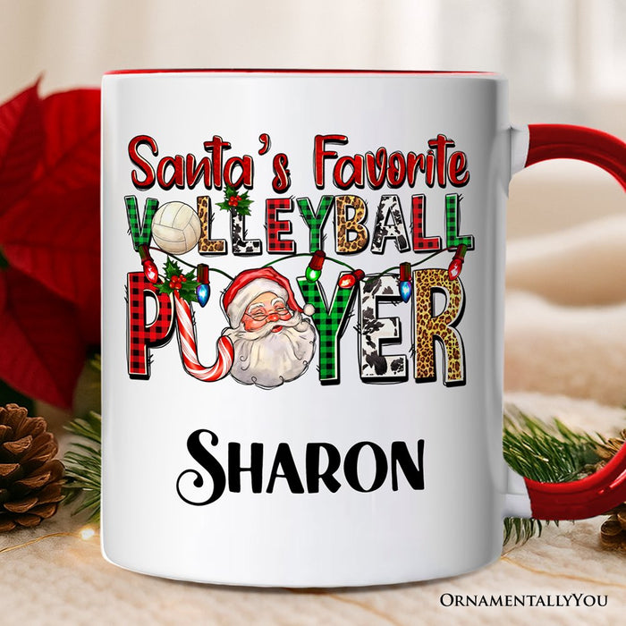 Santa’s Favorite Volleyball Player Personalized Mug, Plaid Christmas Sports Gift with Custom Name Personalized Ceramic Mug OrnamentallyYou White - Red Customized