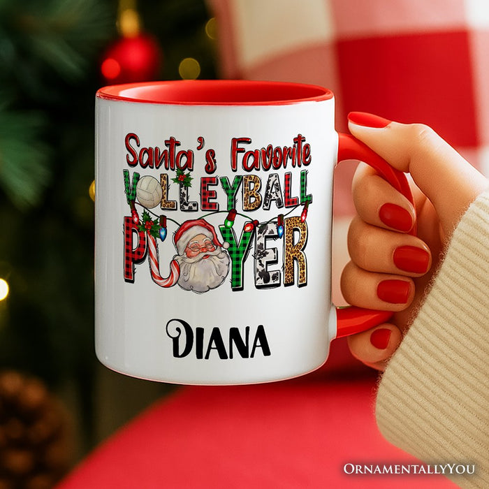 Santa’s Favorite Volleyball Player Personalized Mug, Plaid Christmas Sports Gift with Custom Name Personalized Ceramic Mug OrnamentallyYou