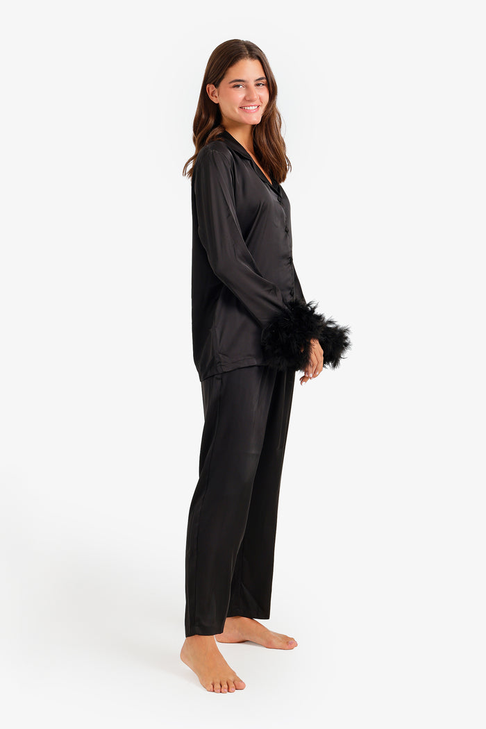Satin Feather Cuff Pyjama Set