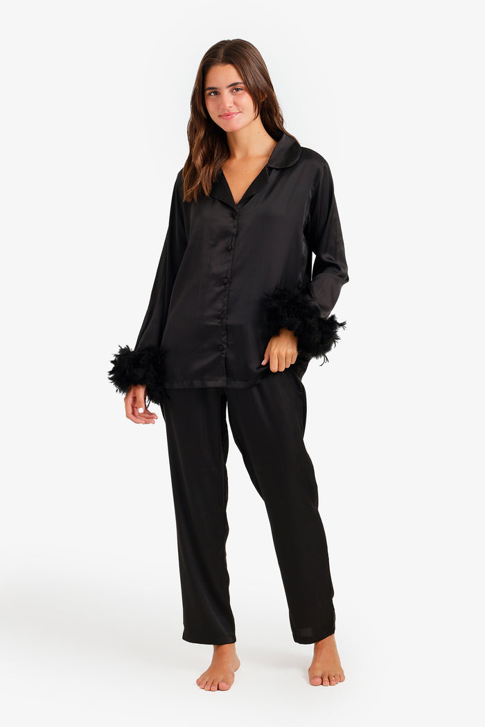 Satin Feather Cuff Pyjama Set