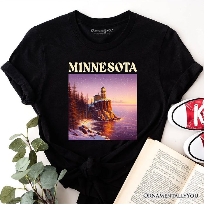 Scenic Minnesota State Split Rock Lighthouse T-Shirt, Lake Superior Landmark Tee and Travel Souvenir T-Shirts OrnamentallyYou Black XS