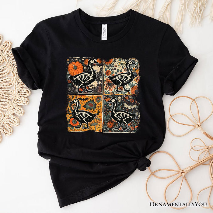 Skeleton Goose Patchwork T-Shirt, Floral Halloween Tee for The Spooky Season T-Shirts OrnamentallyYou Black XS
