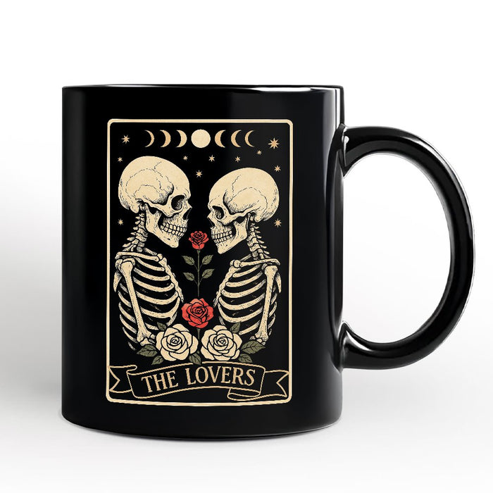 Skeleton The Lovers Personalized Mug, Tarot Card Gothic Moon Phases Rose Gift with Custom Name Personalized Ceramic Mug OrnamentallyYou Black Non-Custom