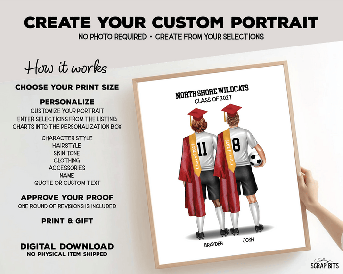 Soccer Friends (Male) Graduation Portrait Print, Custom Digital Drawing - Scrap Bits