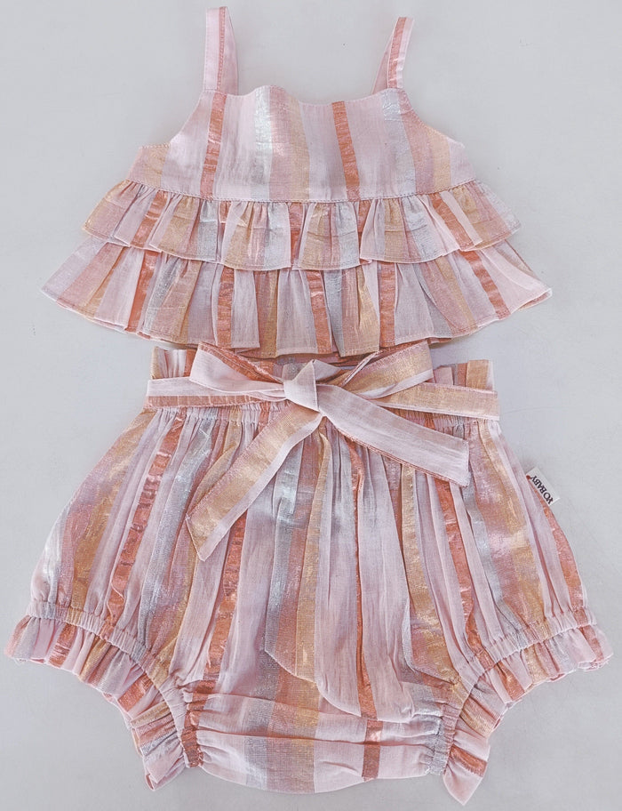 Baby Pink Solid Color Lurex Ruffle Top & Shorts Set TOP & PANTS SET Yo Baby India