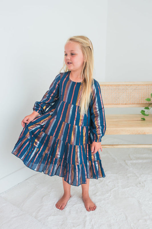 Solid Color Lurex Tiered Long Sleeve Dress & Diaper Cover Set dress & diaper cover, DRESS Yo Baby India 2 Years NAVY
