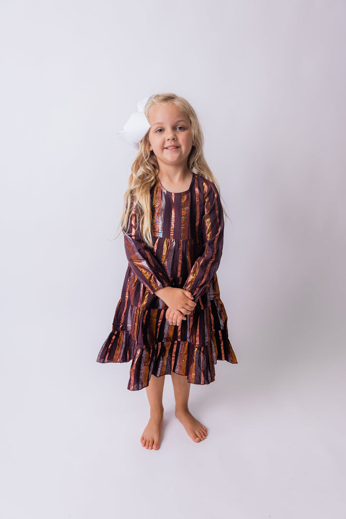 Solid Color Lurex Tiered Long Sleeve Dress & Diaper Cover Set dress & diaper cover, DRESS Yo Baby India
