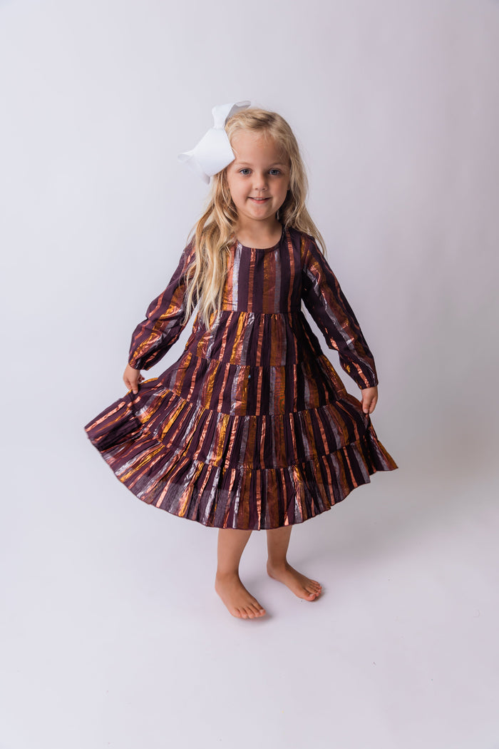 Solid Color Lurex Tiered Long Sleeve Dress & Diaper Cover Set dress & diaper cover, DRESS Yo Baby India