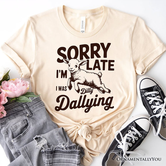 Sorry I'm Late Funny Lamb T-Shirt, Retro Dilly Dallying White and Natural Tee for Quirky Women T-Shirts OrnamentallyYou Natural XS