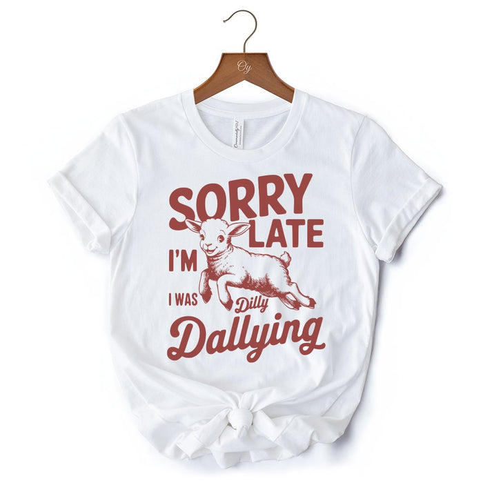 Sorry I'm Late Funny Lamb T-Shirt, Retro Dilly Dallying White and Natural Tee for Quirky Women T-Shirts OrnamentallyYou