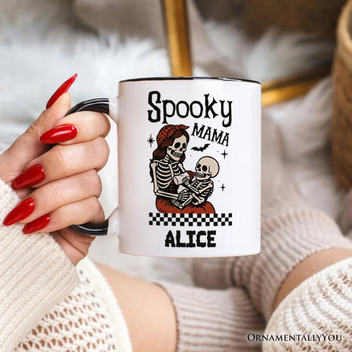 Spooky Mama Skeleton Halloween Personalized Mug, Momster Retro Checkered Gift with Custom Name Personalized Ceramic Mug OrnamentallyYou