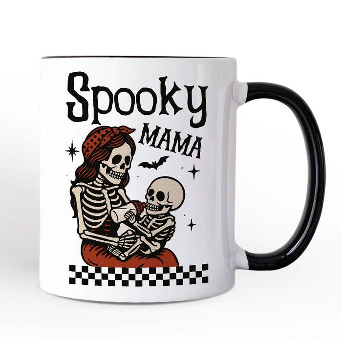 Spooky Mama Skeleton Halloween Personalized Mug, Momster Retro Checkered Gift with Custom Name Personalized Ceramic Mug OrnamentallyYou White - Black Non-Custom