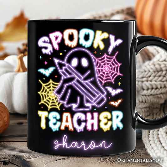 Spooky Teacher Neon Ghost Personalized Mug, Retro Halloween Gift with Custom Name for Educators Personalized Ceramic Mug OrnamentallyYou Black Customized