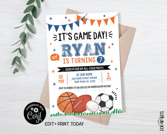 Sports Birthday Invitation, It's Game Day, Blue & Orange Sports Party Invitation . Instant Download Editable Template - Scrap Bits