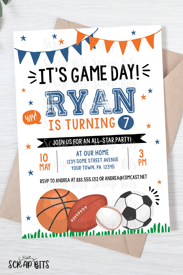 Sports Birthday Invitation, It's Game Day, Blue & Orange Sports Party Invitation . Instant Download Editable Template - Scrap Bits