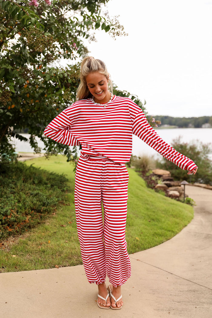 Stripe Oversized Long Sleeve Tee - Cherry Red