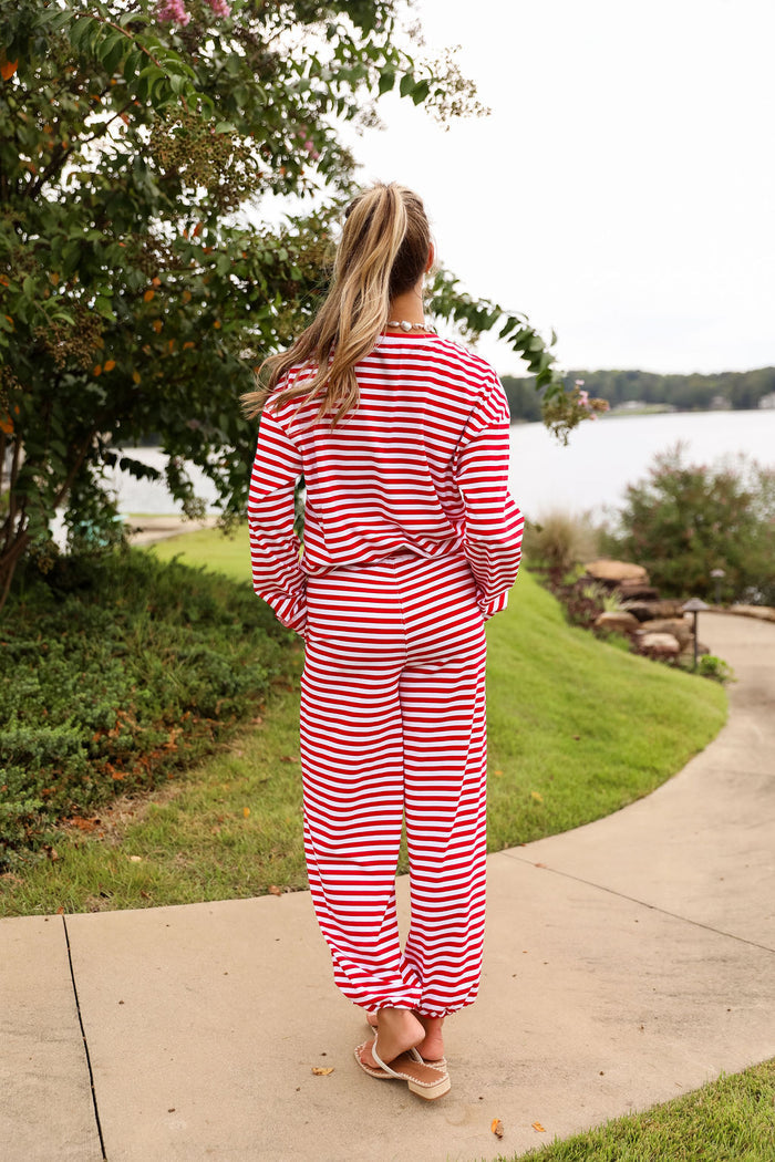 Stripe Oversized Long Sleeve Tee - Cherry Red