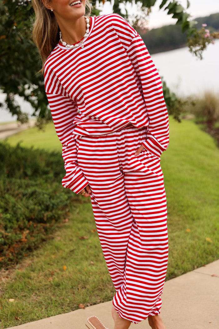 Stripe Oversized Long Sleeve Tee - Cherry Red