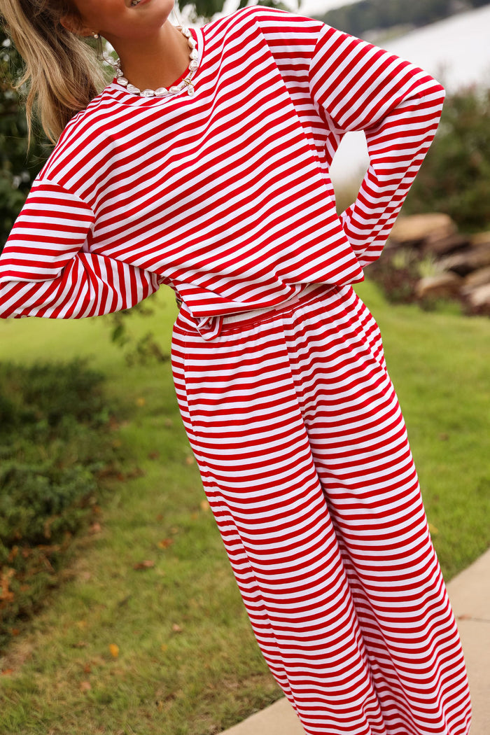 Stripe Oversized Long Sleeve Tee - Cherry Red