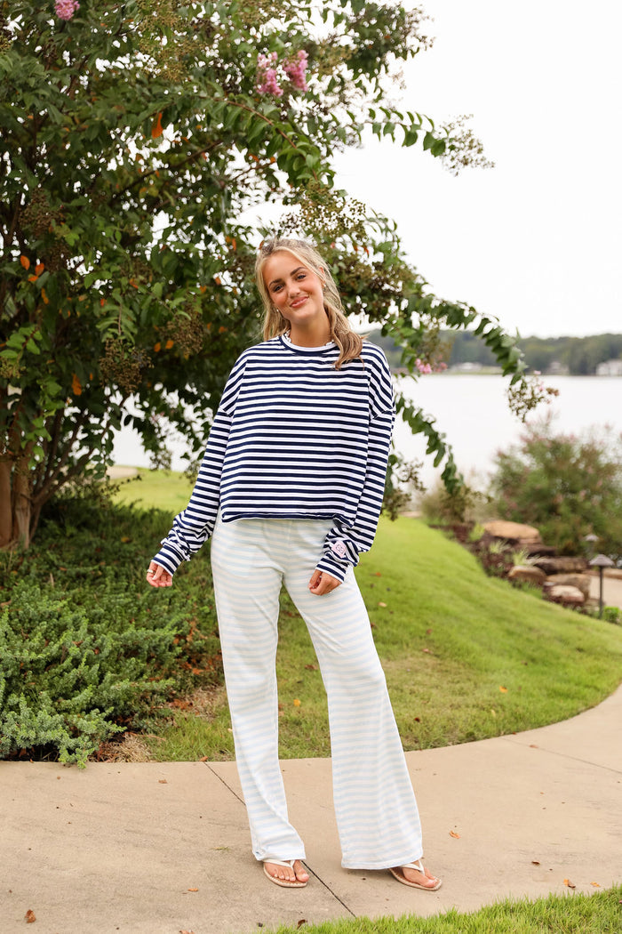 Stripe Oversized Long Sleeve Tee  - Navy