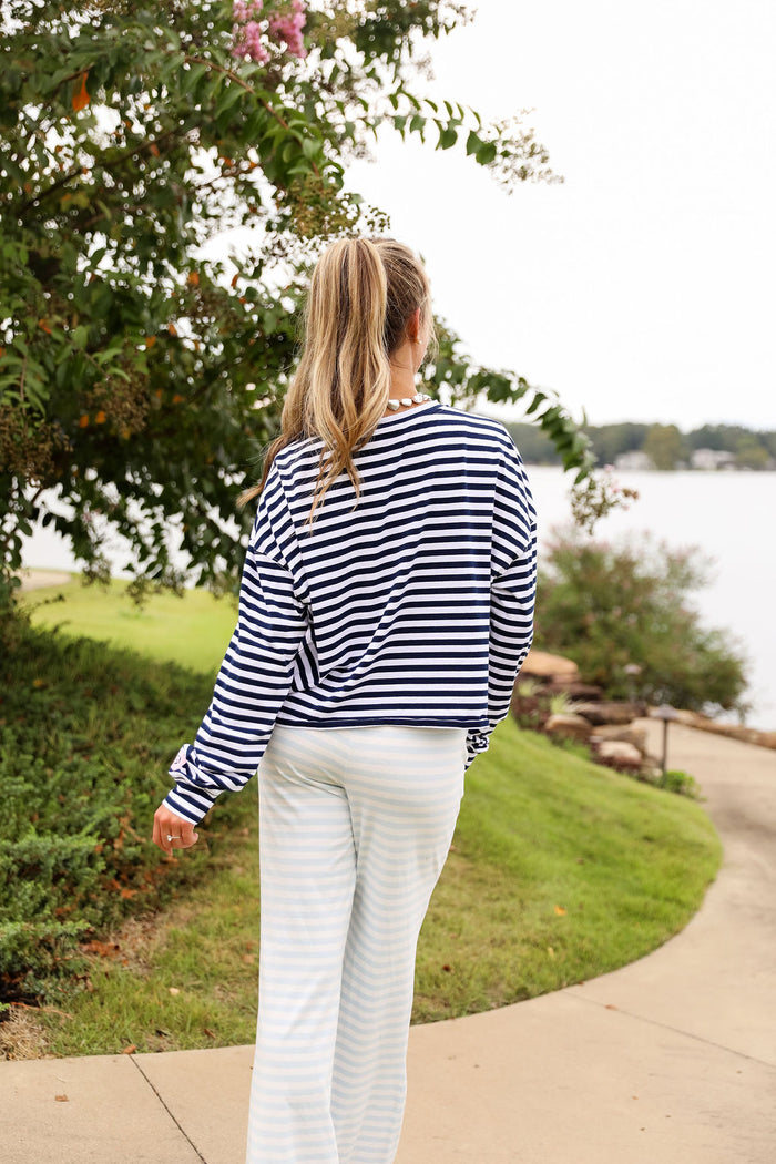 Stripe Oversized Long Sleeve Tee  - Navy