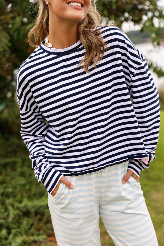 Stripe Oversized Long Sleeve Tee  - Navy