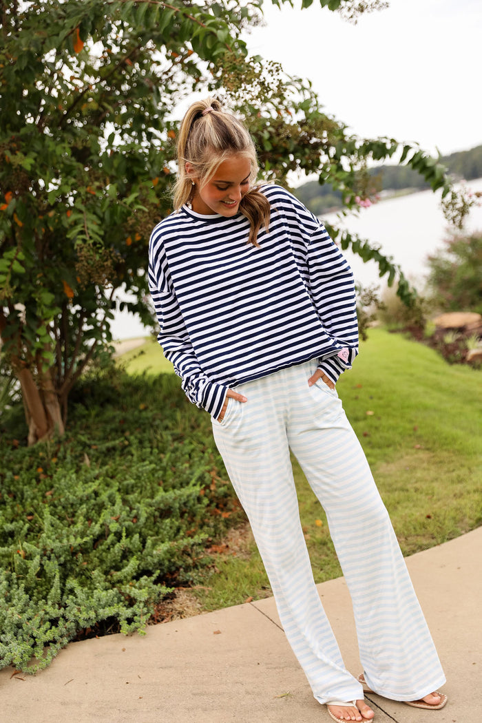 Stripe Oversized Long Sleeve Tee  - Navy