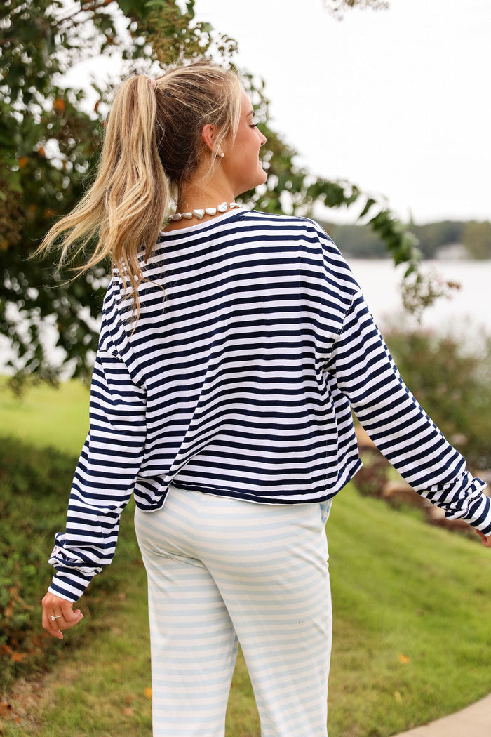 Stripe Oversized Long Sleeve Tee  - Navy