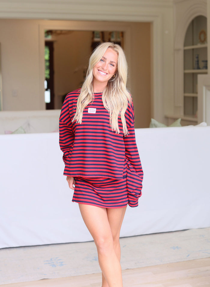 Stripe Oversized Long Sleeve Tee  - Navy/Cherry